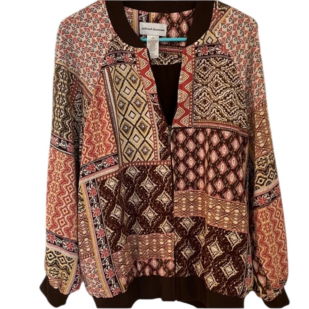 Alfred Dunner size 14 brown & pink zip front silky bomber jacket pockets